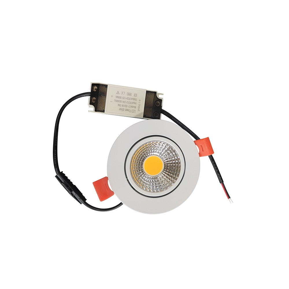 3W indbygningsspot - Hul: Ø6,7-8 cm, Mål: Ø8,5 cm, hvid kant, dæmpbar, 12V/24V