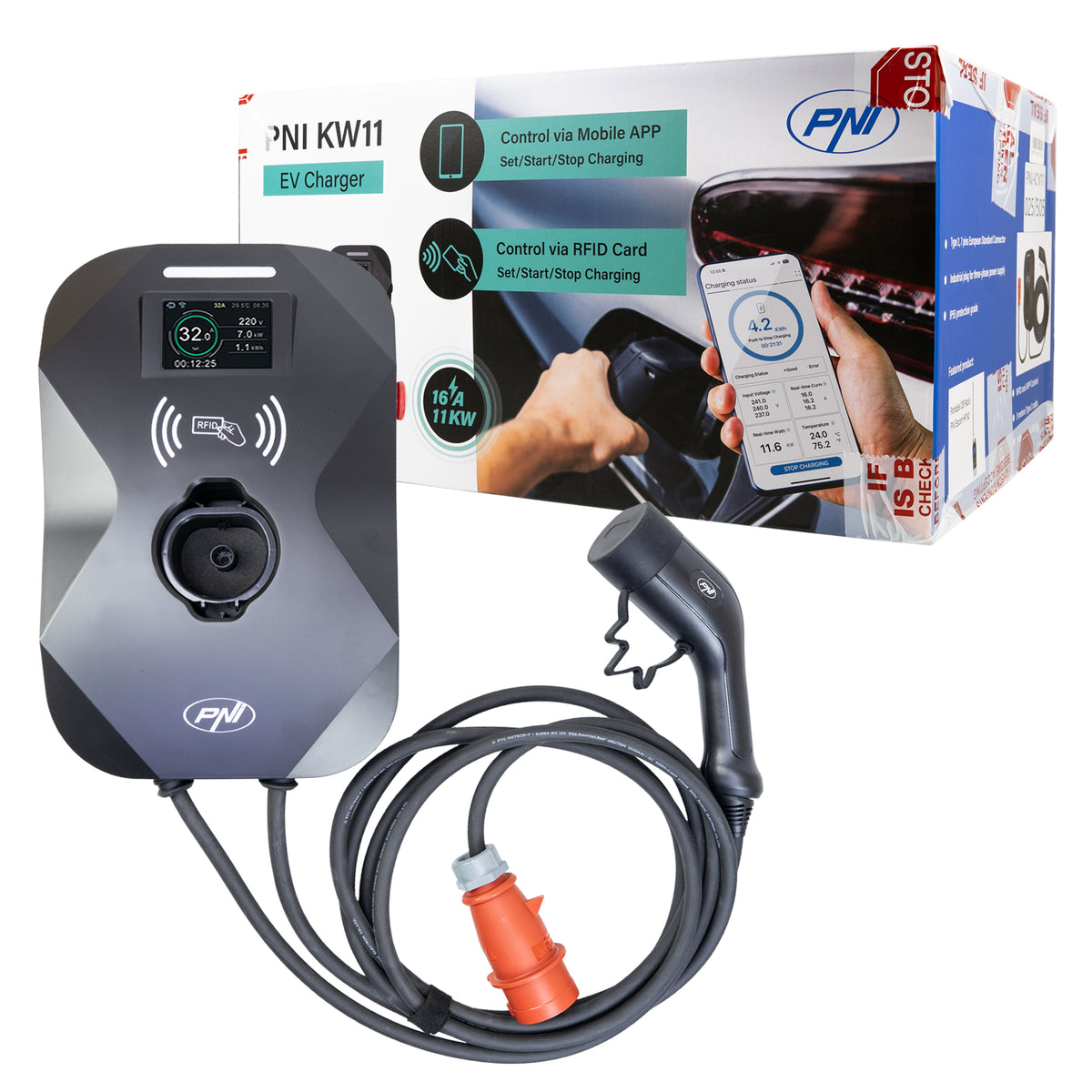 Ladestation 11kW m. display og 4 meter kabel