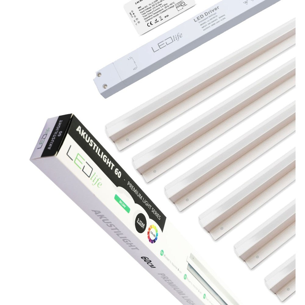 Troldtekt LED Skinnesæt 6x60 cm - CCT, Planforsænket, Akustilight inkl. fjernbetjening