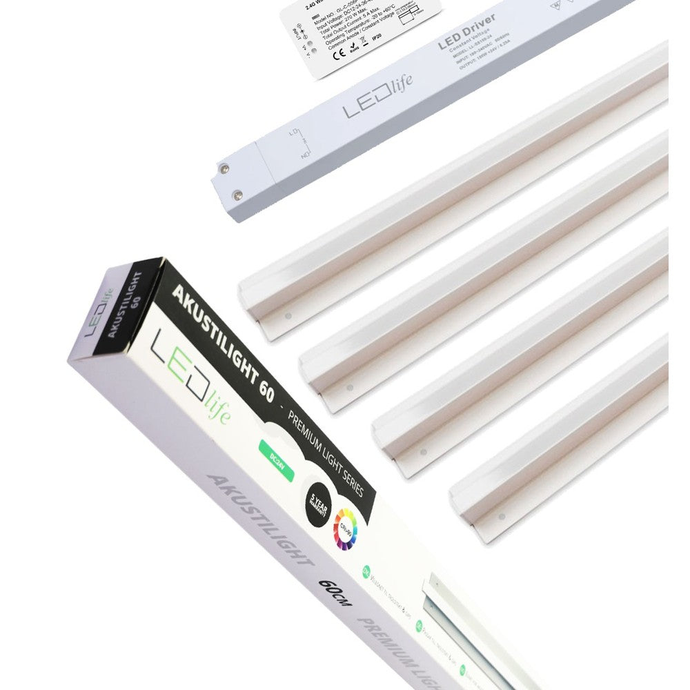 Troldtekt LED skinnesæt 4x120 cm - CCT, Planforsænket, Akustilight inkl. fjernbetjening