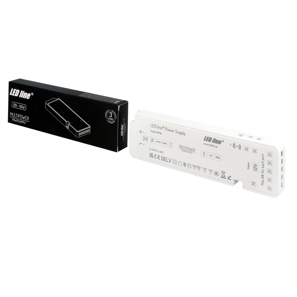Outlet: 60W strømforsyning 12V, 5A med dæmpar til 5 strips og sensor