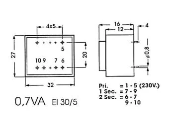 230V printtransformator - 0,7VA 2 x 12V / 2 x 29mA