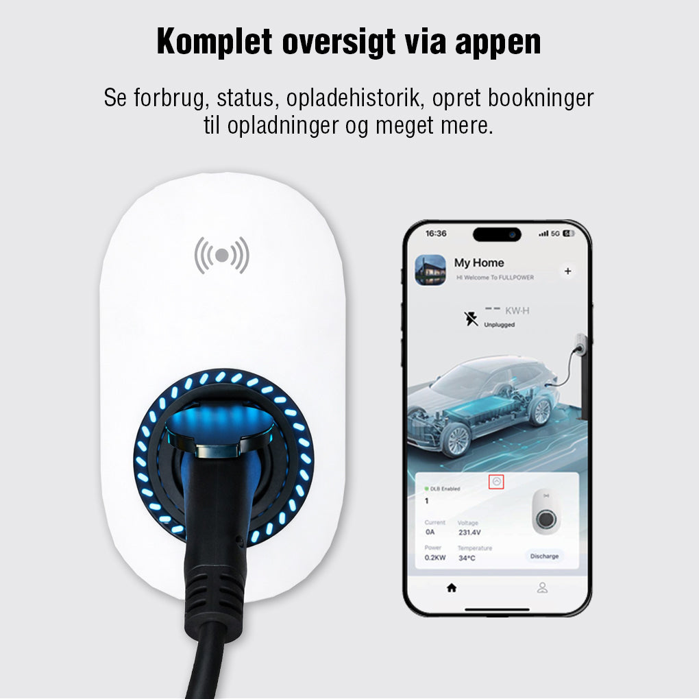 Fullwatt Wallbox EV Lader, 11kW Type 2, Wi-Fi/BT, Hvid