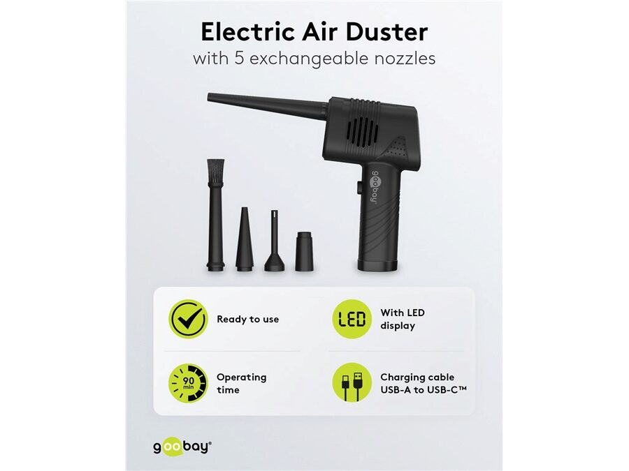Genopladelig trykluft blæser m. 5 dyser - 2000mAh, Sort