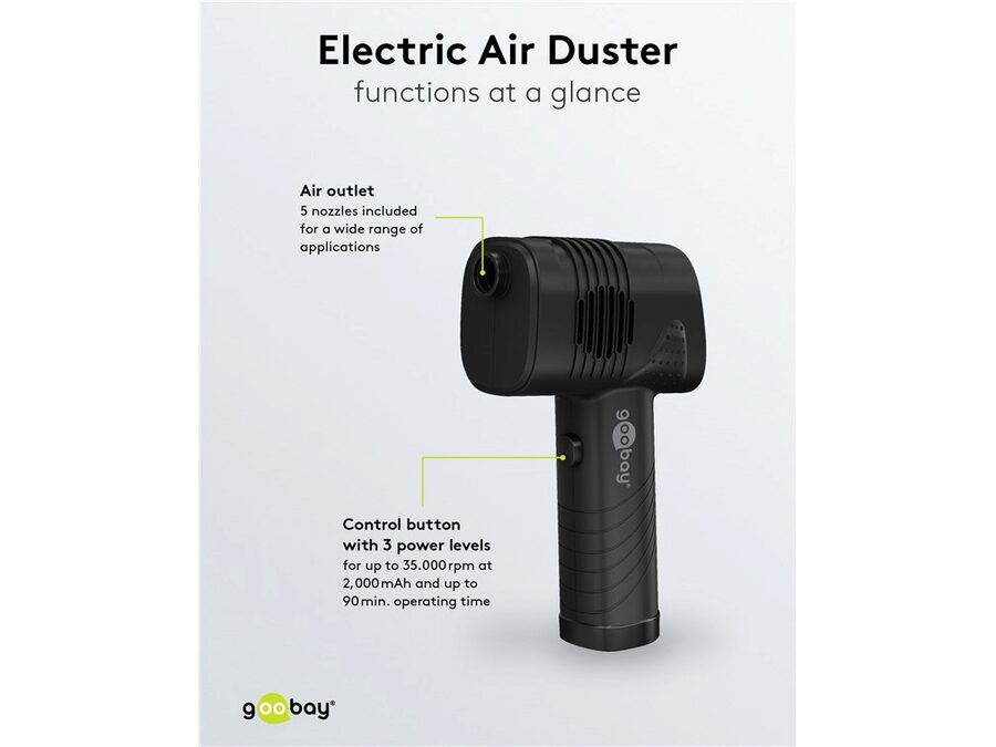 Genopladelig trykluft blæser m. 5 dyser - 2000mAh, Sort