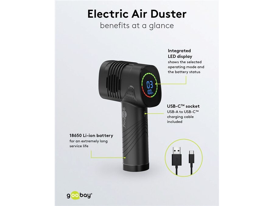Genopladelig trykluft blæser m. 5 dyser - 2000mAh, Sort