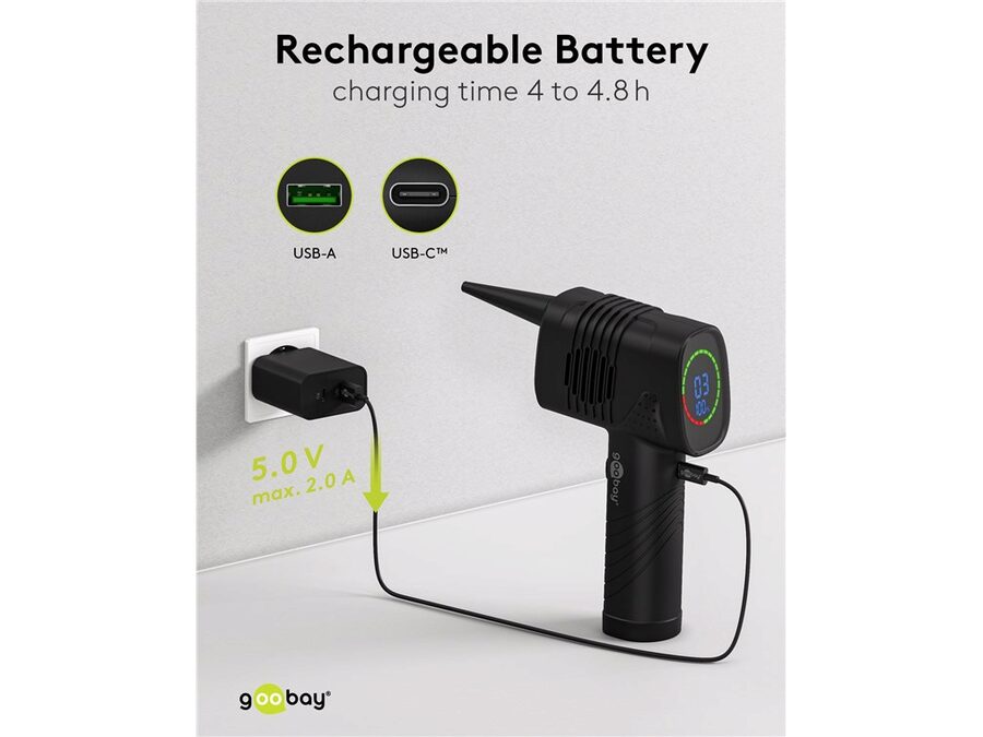 Genopladelig trykluft blæser m. 5 dyser - 2000mAh, Sort