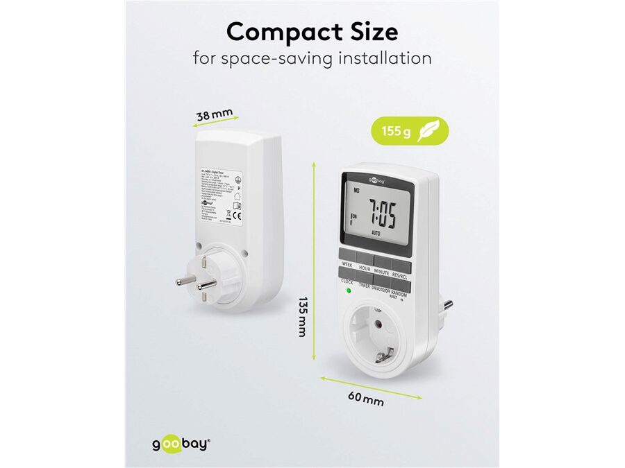 Digital Timer - Programmerbar, CEE7/4 udtag, Hvid