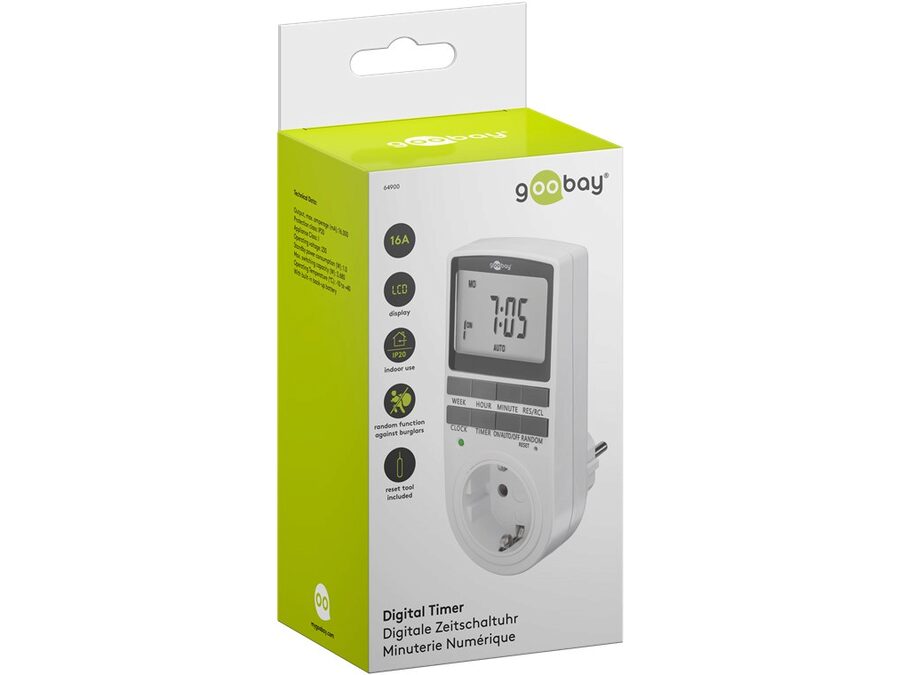 Digital Timer - Programmerbar, CEE7/4 udtag, Hvid