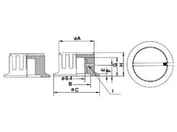 Drejeknap til 6mm aksel - Ø35,7mm, Sort m. hvid prik