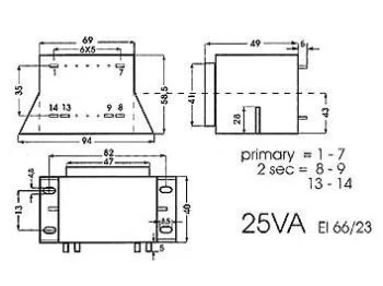 230V printtransformator m.flanger - 25VA 2 x 9V / 2 x 1,398A
