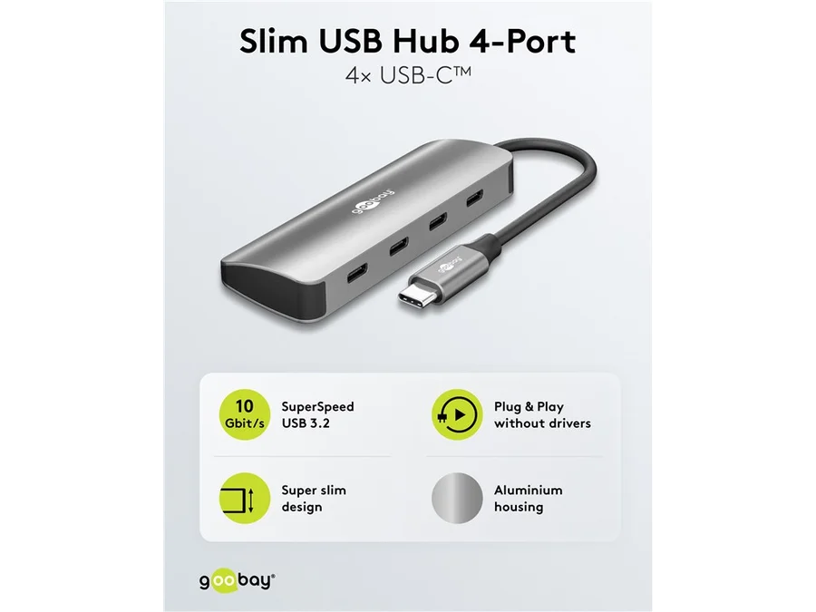 Slim 4-Port USB Hub - USB-C til USB-C, 10Gbit/s