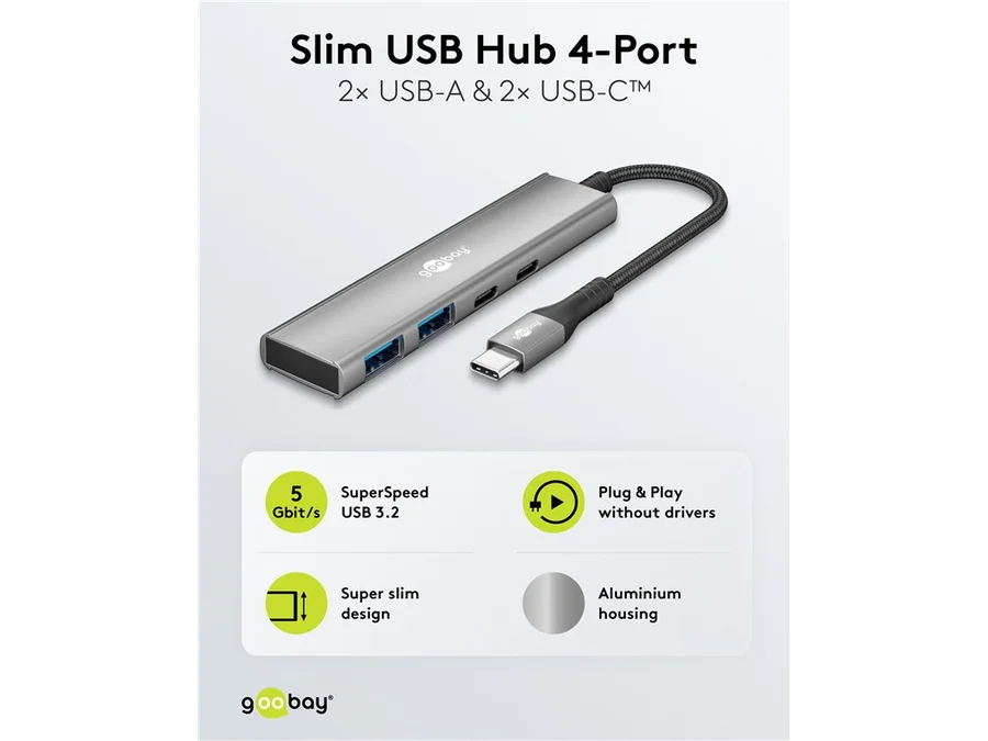 USB Hub 4-Port, Slim, USB-C til 2xUSB-C + 2xUSB-A, 5 Gbit/s