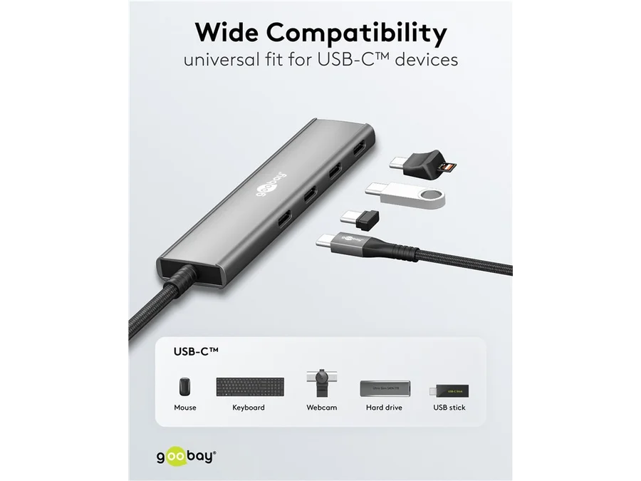 USB-C HUB 4-ports, Slim, USB-C til 4xUSB-C, 5 Gbit/s