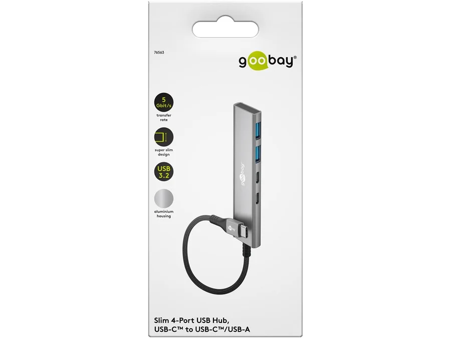 USB Hub 4-Port, Slim, USB-C til 2xUSB-C + 2xUSB-A, 5 Gbit/s