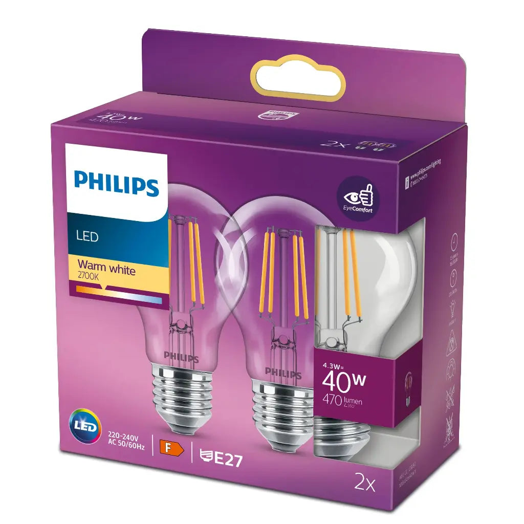 Philips LED 4,3W (40W) E27 2700K 470lm 2-pak