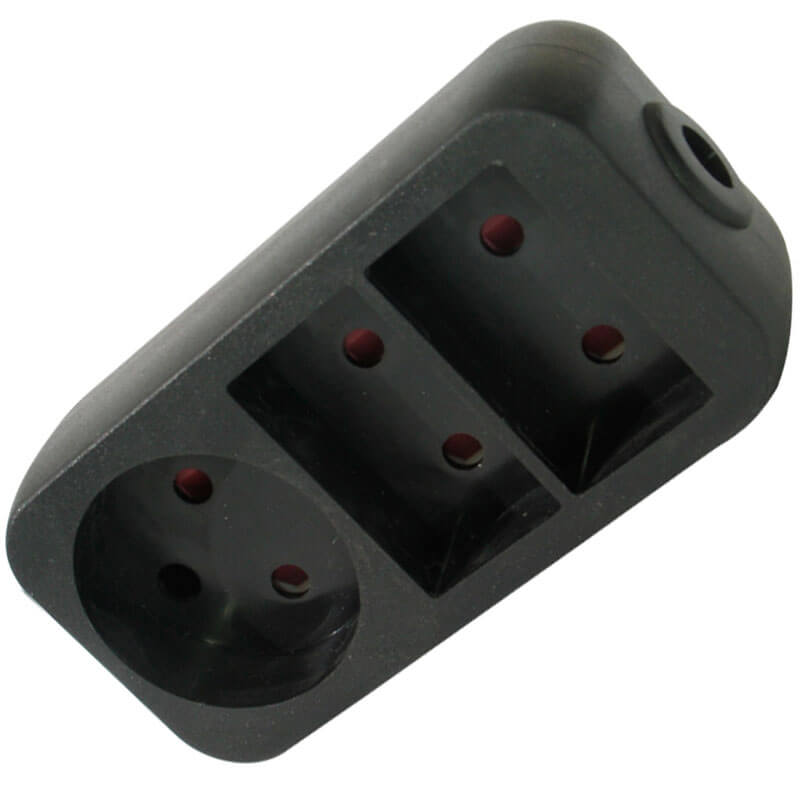 Stikdåse 2 flade udtag + 1 rund(m/blindhul) Sort