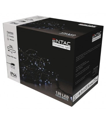 9 meter udendørs LED julelyskæde - IP44, 230V, 120 LED, kold hvid