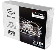 1 m. kold hvid LED julelyskæde - 20 LED, indendørs, batteri