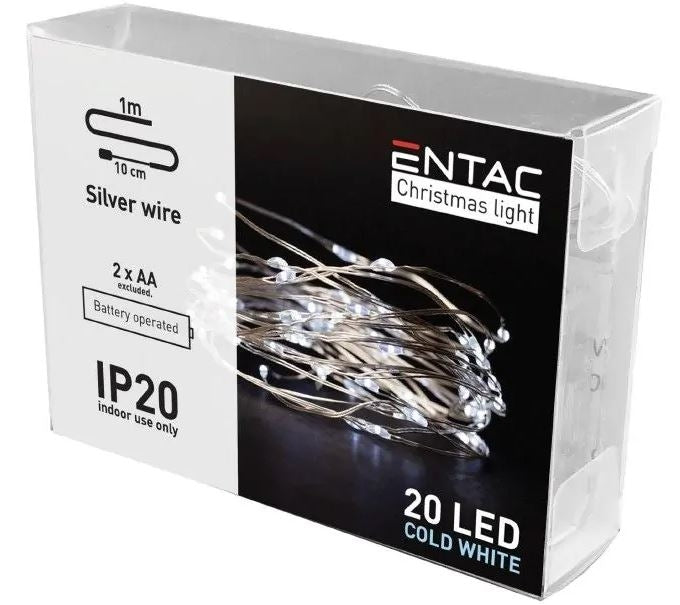 1 m. kold hvid LED julelyskæde - 20 LED, indendørs, batteri