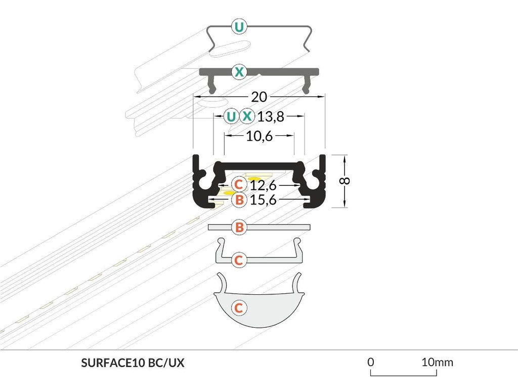 DIOFLEX Alu profil SURFACE10 BC/UX 1m 20x8mm