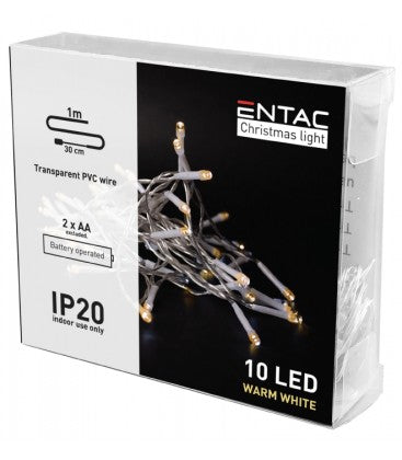 1 meter indendørs LED julelyskæde - Batteri, 10 LED, varm hvid