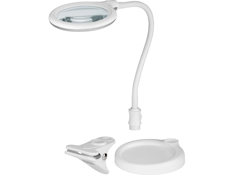LED-luplampe m. clip-holder og bordfod - 5W, 3 dioptri, Hvid