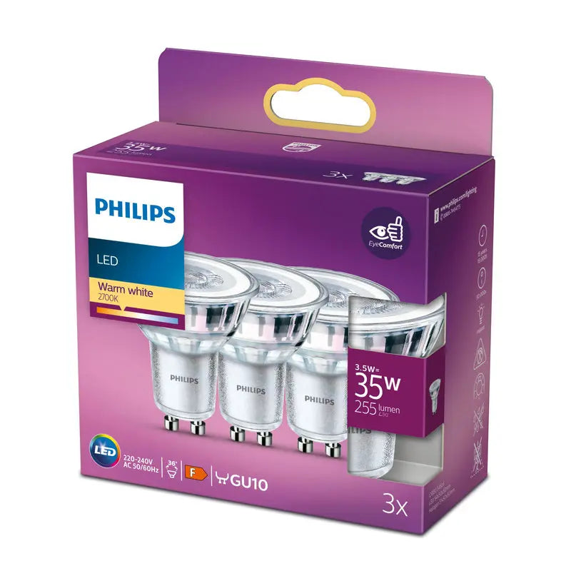 Philips LED 3,5W (35W) GU10 2700K 255lm 3-pak
