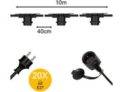 Prof. udendørs lyskæde u. pærer - 20 x E27 sokler (10m)