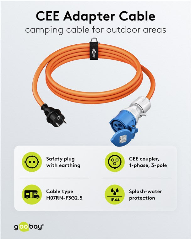 CEE adapterkabel - CEE7/7 han til 3P CEE hun (1,5m)