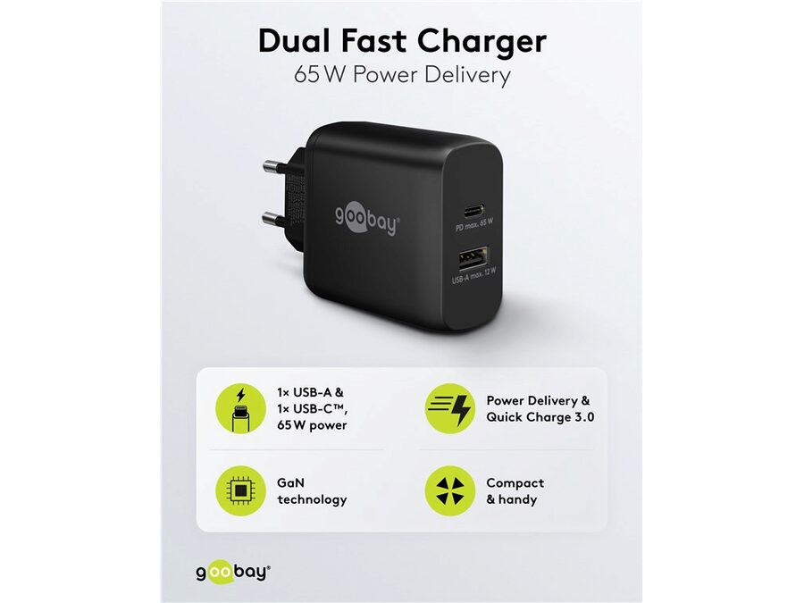 USB-C/A lynlader PD GaN (C65W) + (A12W), Sort