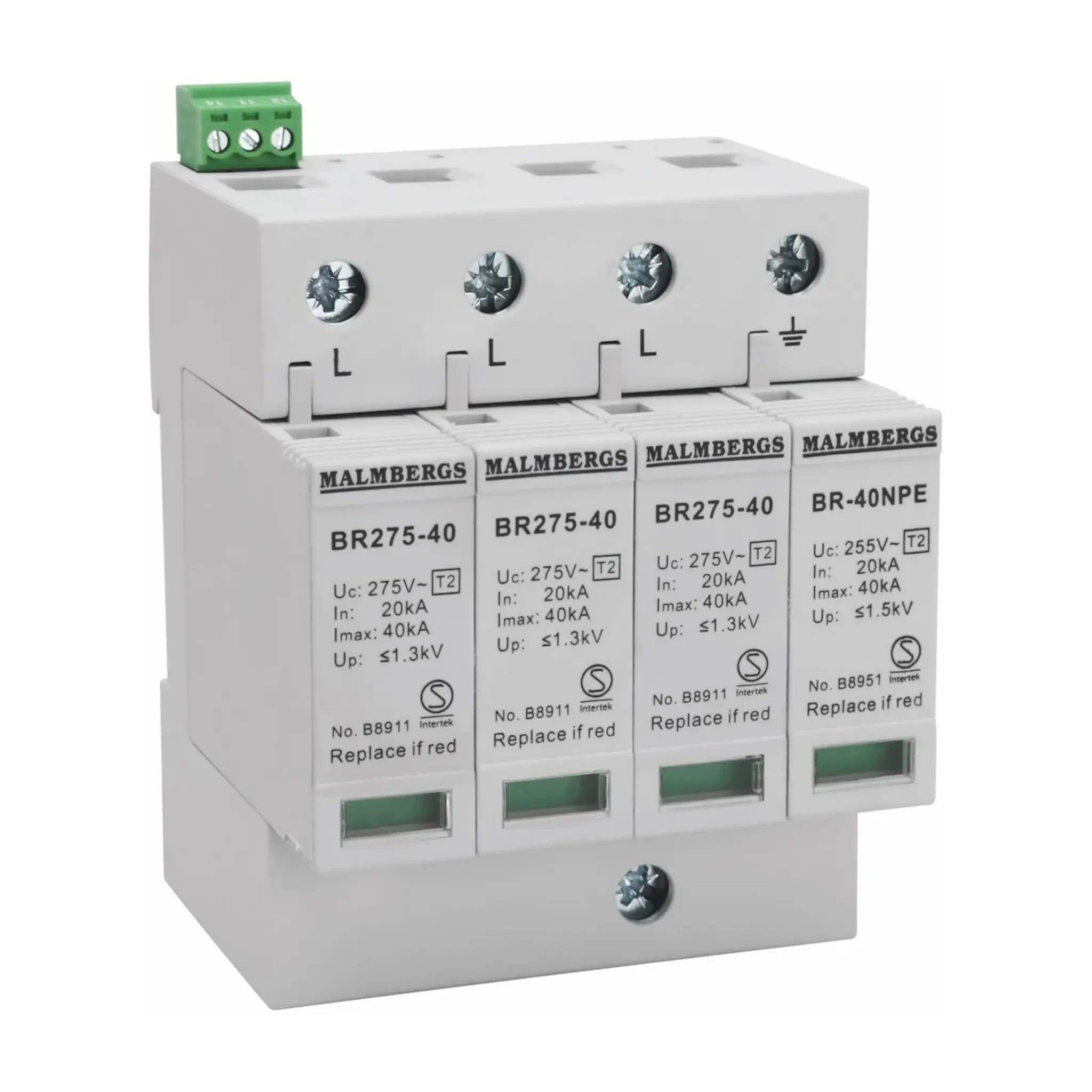 Transientbeskyttelse klasse 2, 3P+N, 275V, Relæ