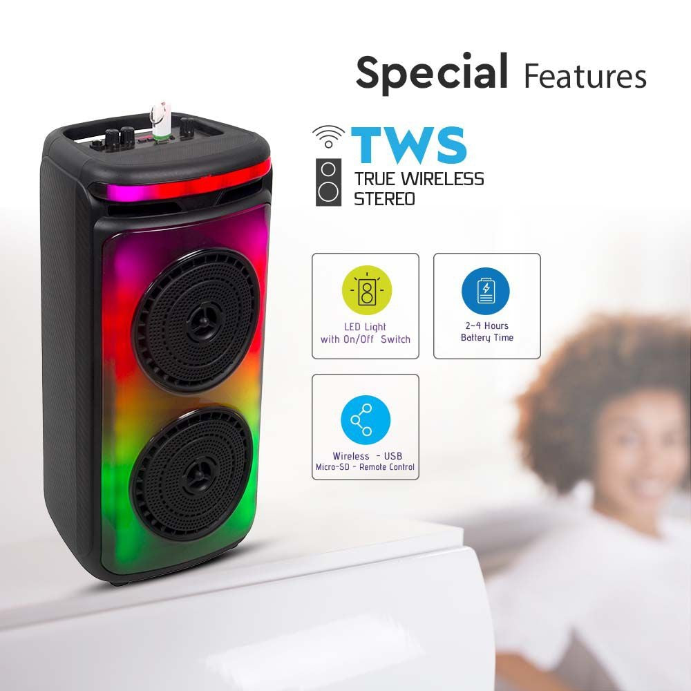 400W Genopladelig Højttaler med 1 Trådet Mikrofon, RF Kontrolhåndtag og 2x6.5 Tommer Woofer