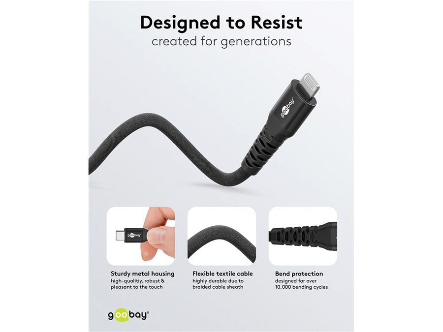 USB-C til Lightning Supersoft PD Tekstilkabel, 3A, Sort (3m)