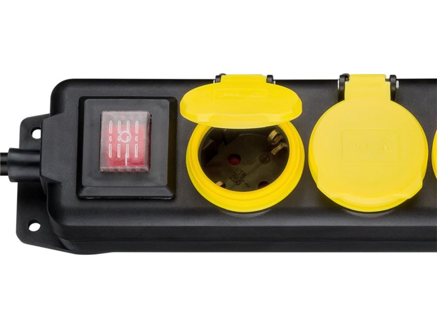 Udendørs stikdåse - 5 x CEE7/3, sort-gul, IP44, 16A (3m)