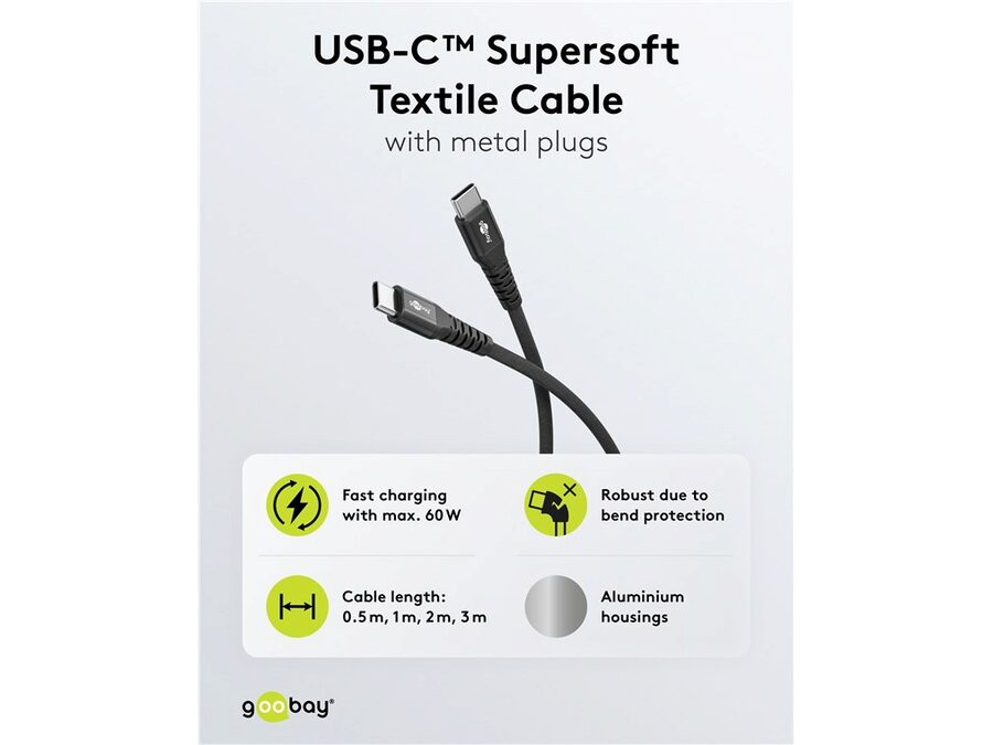 USB-C til USB-C Supersoft PD Tekstilkabel, 3A, Sort (1m)
