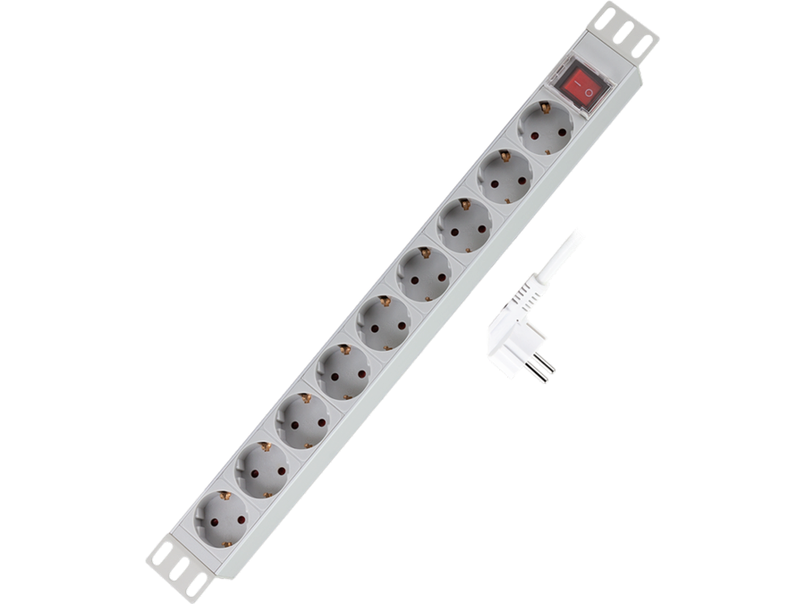 19" El-rackpanel - 9 x CEE7/3 hun, ON/OFF kontakt, Grå (2m)