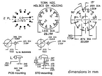 Drejeomskifter - 2 pol / 6 stillinger, printben