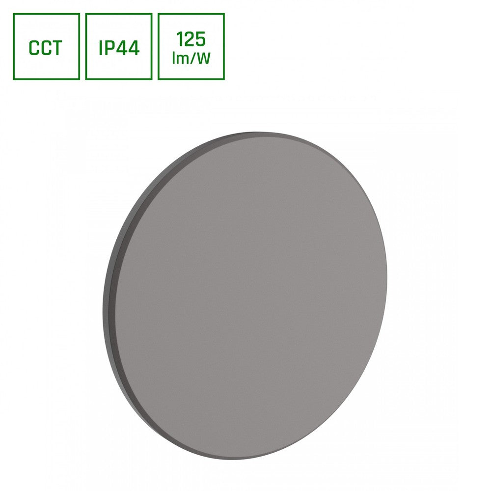 Grå rund facadelampe Piatta 12W med CCT 230V og IP44 beskyttelse, 180x47mm