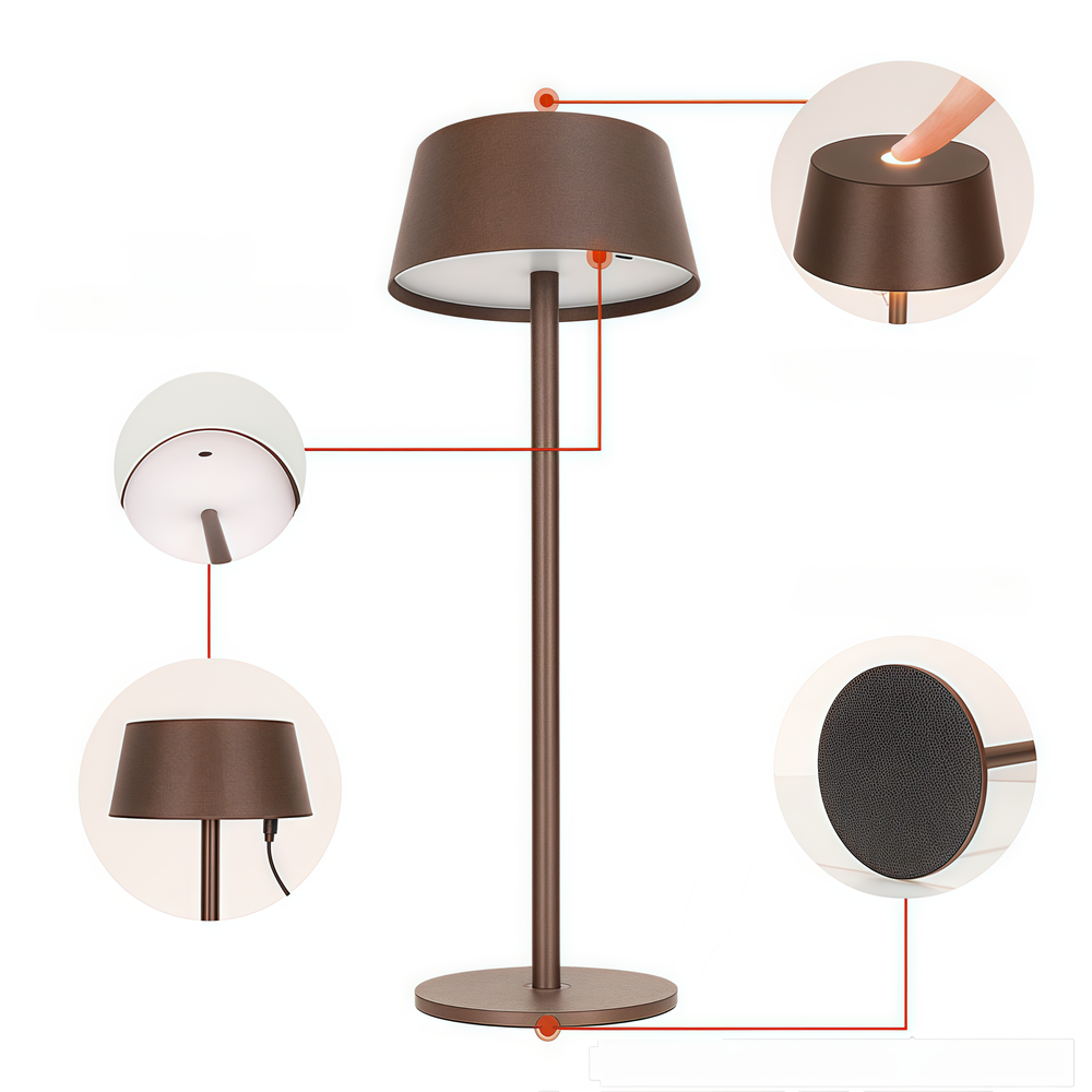 Opladelig LED bordlampe i brun med touch-dæmpning og IP54-beskyttelse
