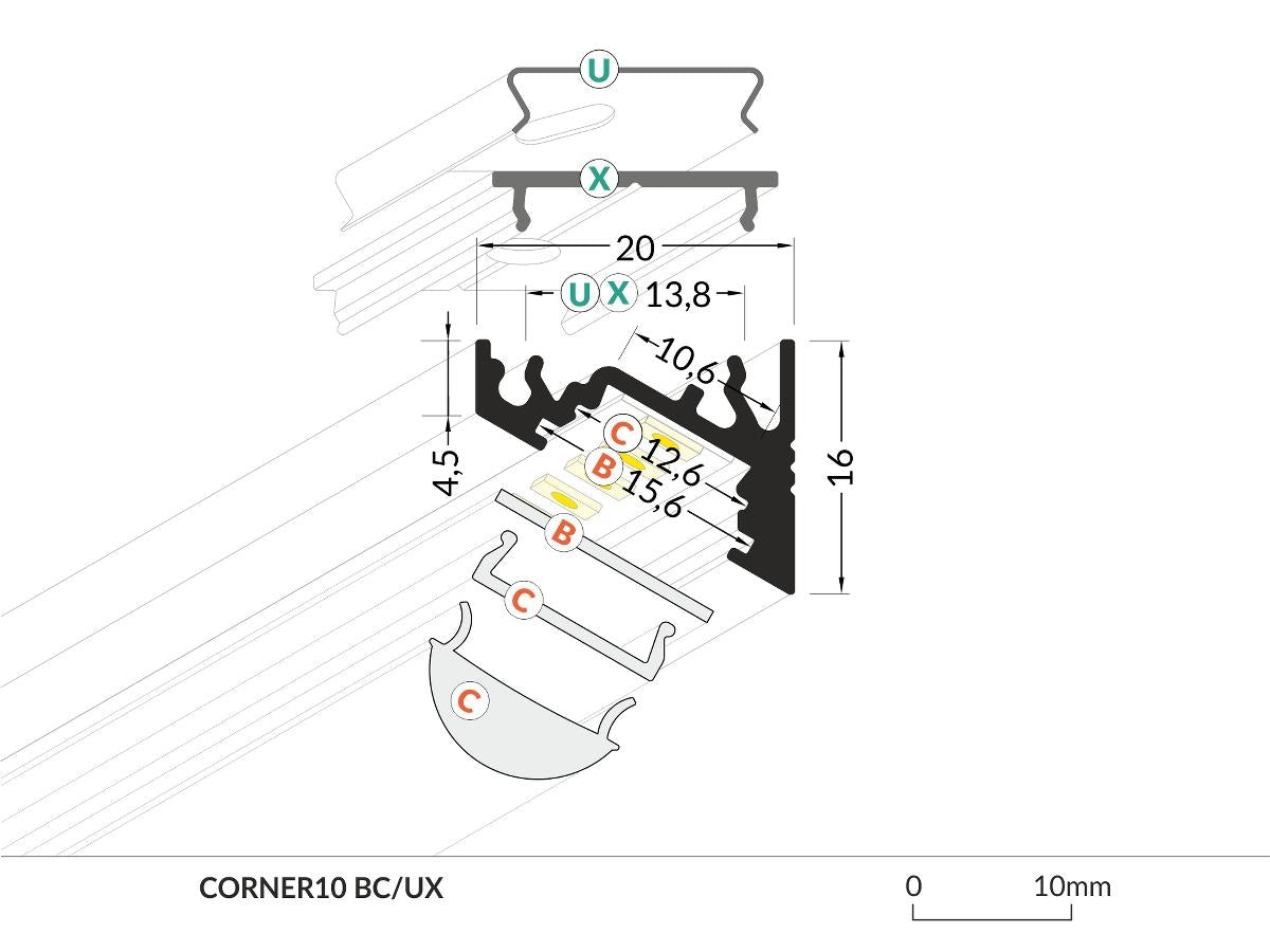 DIOFLEX Alu profil CORNER10 BC/UX 1m 20x16mm