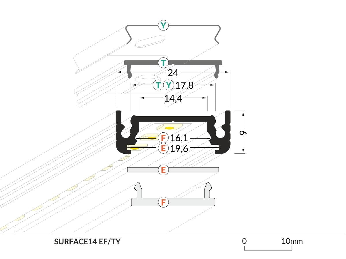 DIOFLEX Alu profil SURFACE14 F/TY 1m 24x9mm