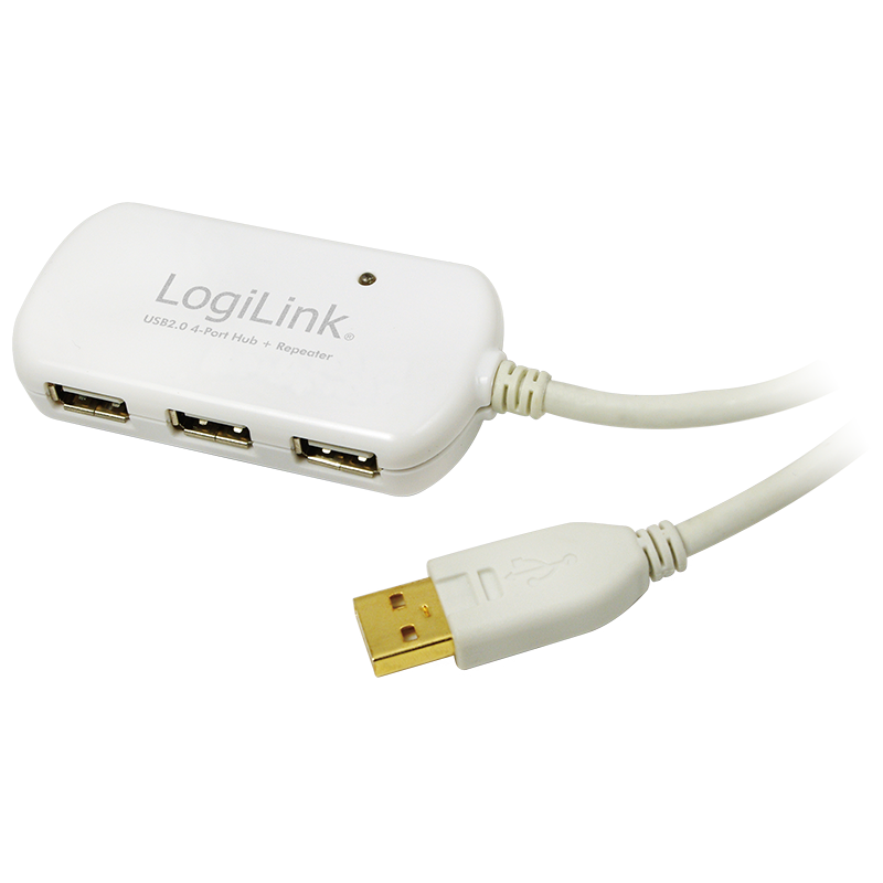 USB 2.0 Repeaterkabel m. 4-port HUB - Hvid (12m)