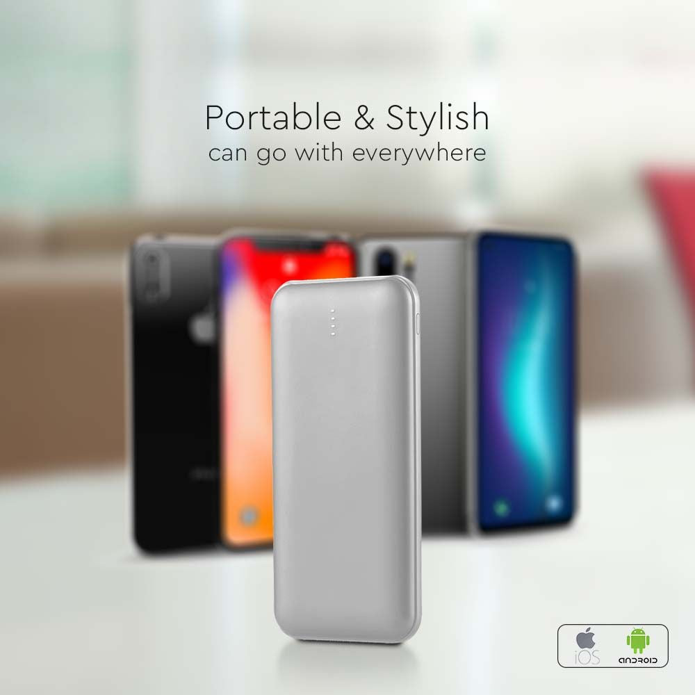 10.000mAh Powerbank med 2A output, inkl. 30 cm sølvfarvet Type C kabel