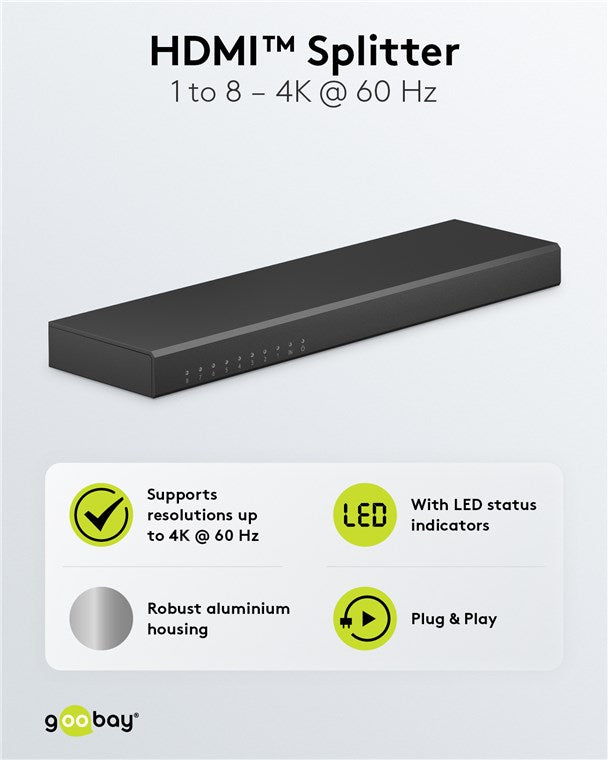 HDMI 1.4 splitter - 1 ind til 8 ud, Sort (4K HDTV)