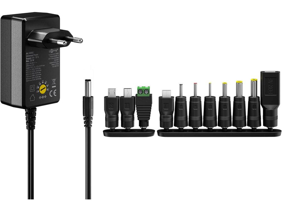 Universal netadapter - 3-12Vdc, 3,6W (300mA) inkl. 11 stik