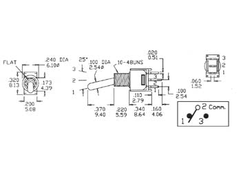 Miniature vippekontakt - 1P ON-OFF-ON, u. gevind