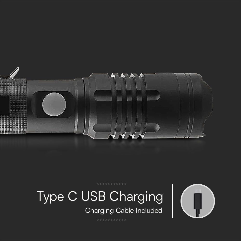 V-Tac 10W LED lygte - 1000 lumens, genopladelig, IP54 - Sort