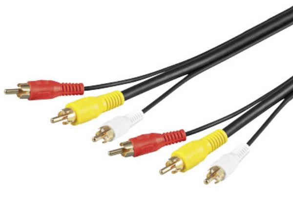 A/V kabel - 3 x RCA han > 3 x RCA han, RG59 forgyldt (5m)