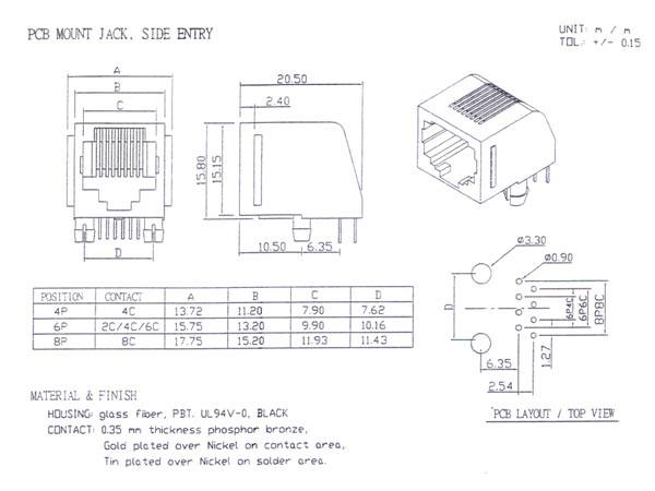 RJ12 modular telefonfatning (6P6C) til print